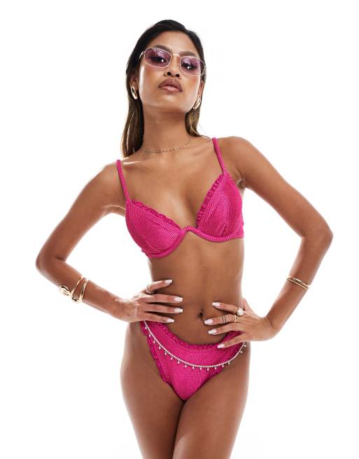 South Beach - Bas de bikini échancré effet froissé - Rose brillant