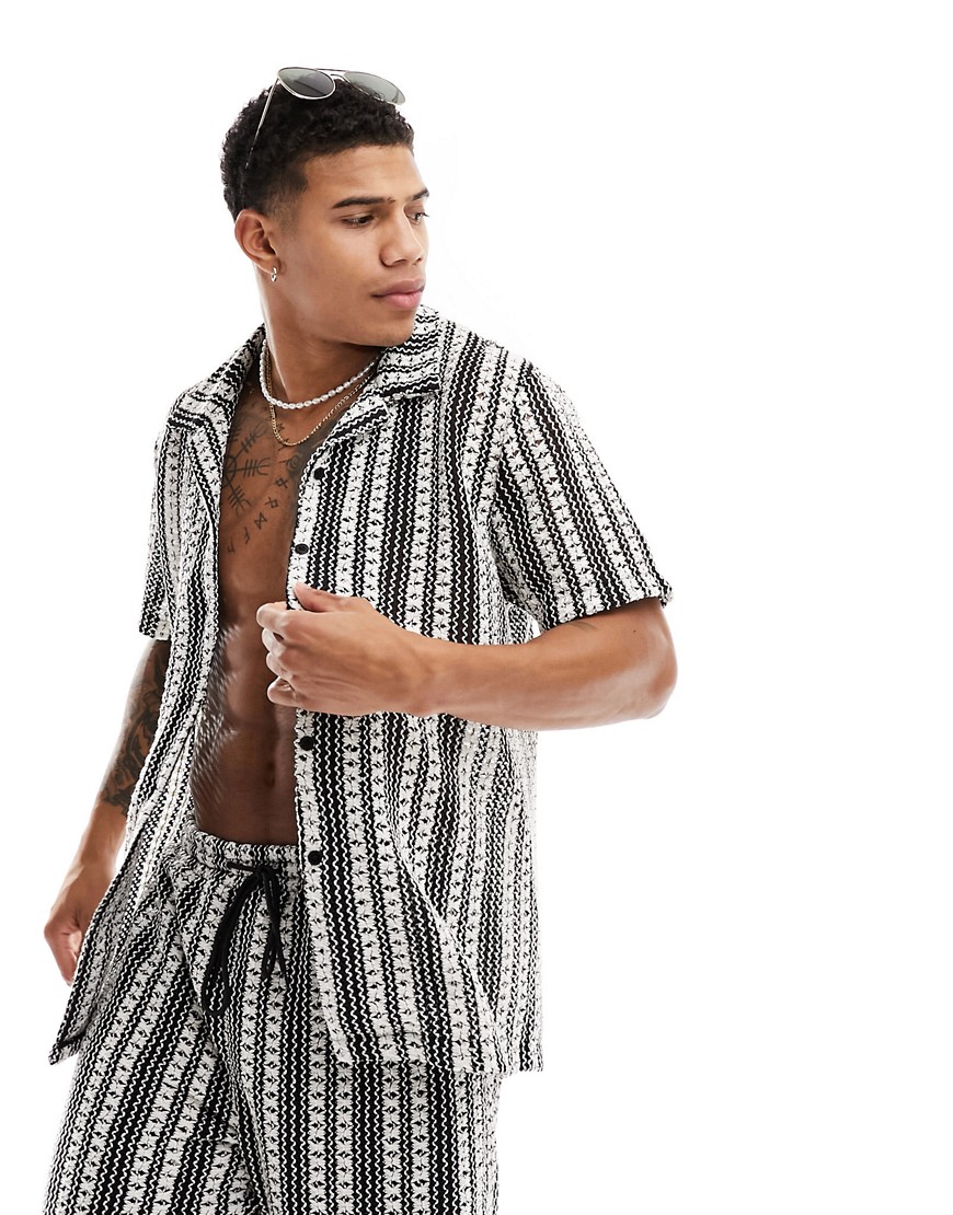 South Beach beach shirt co-ord in crochet stripe-Multi