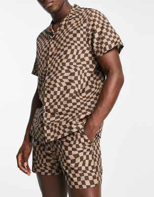 South Beach Beach Shirt In Brown Warped Checkerboard Print