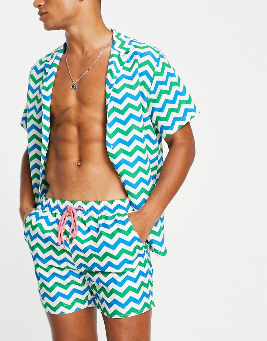 South Beach beach shirt in green and blue zigzag print
