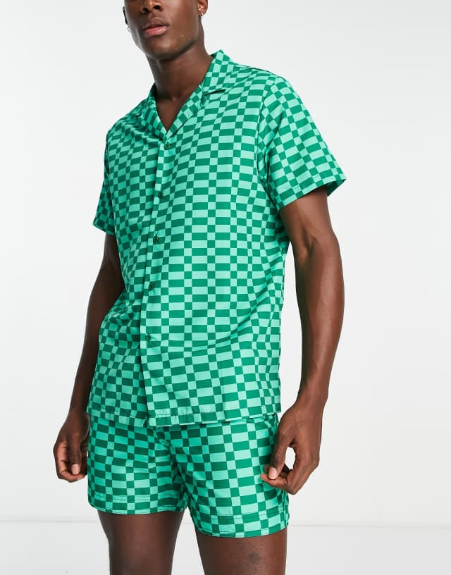 South Beach beach shirt in green tonal plaid print