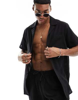 South Beach Beach Shirt In Textured Weave - Part Of A Set-black In Black