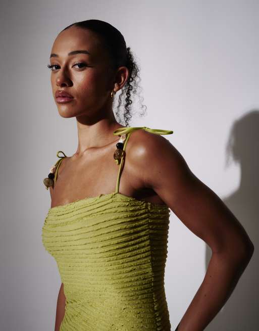 South Beach Bead strap detail frill bodycon maxi dress in green, 2 of 4