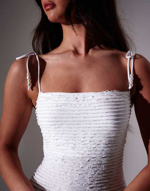 South Beach Bead strap detail frill bodycon maxi dress in white, 2 of 4