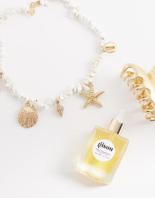 South Beach beaded stone starfish and shell necklace in gold, 2 of 4