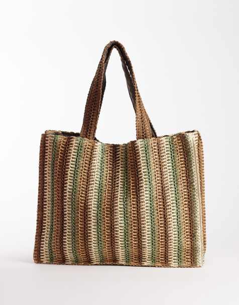 South Beach – Beige och grönrandig toteväska i strå för stranden - view 1