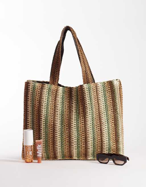 South Beach – Beige och grönrandig toteväska i strå för stranden , 2 av 4
