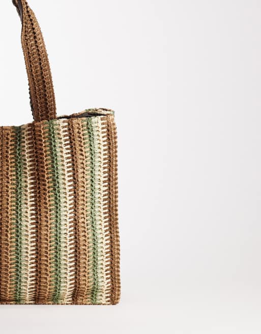 South Beach – Beige och grönrandig toteväska i strå för stranden , 3 av 4