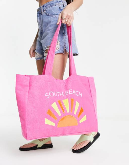 South Beach – Bestickte Strand-Tragetasche aus Frottee in leuchtendem Rosa, 2 von 4