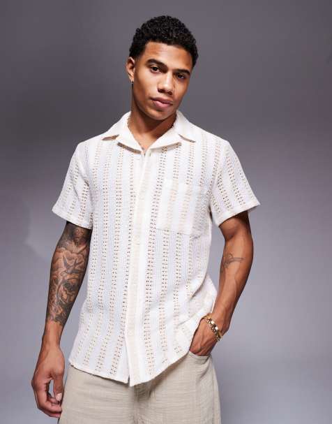 South Beach crochet short sleeve beach shirt in beige and cream
