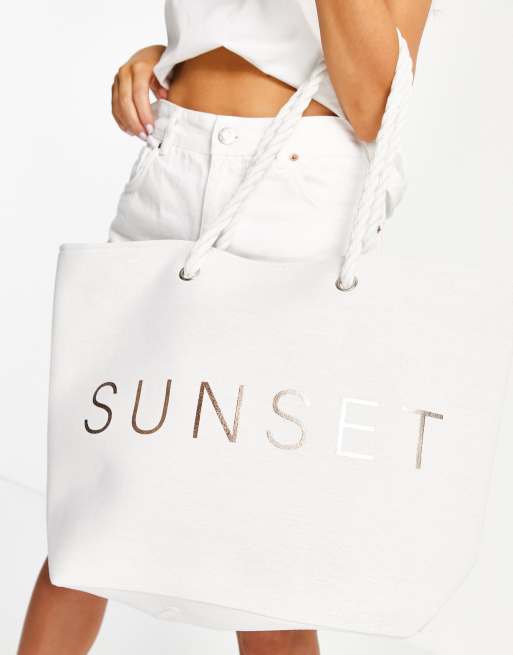 South Beach – Biała plażowa torba z płótna z napisem „Sunset”, 2 z 4