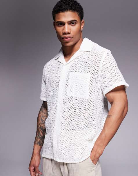 South Beach short sleeve crochet beach shirt in white