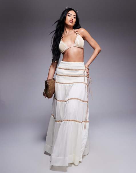 South Beach tiered beach maxi skirt with contrast piping in cream