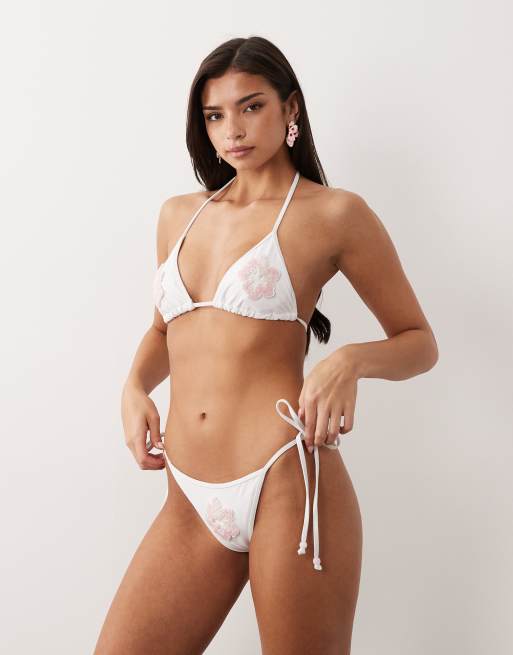 South Beach - Bikiniset met lovertjes en bloemenpatch in wit, 3 van 3