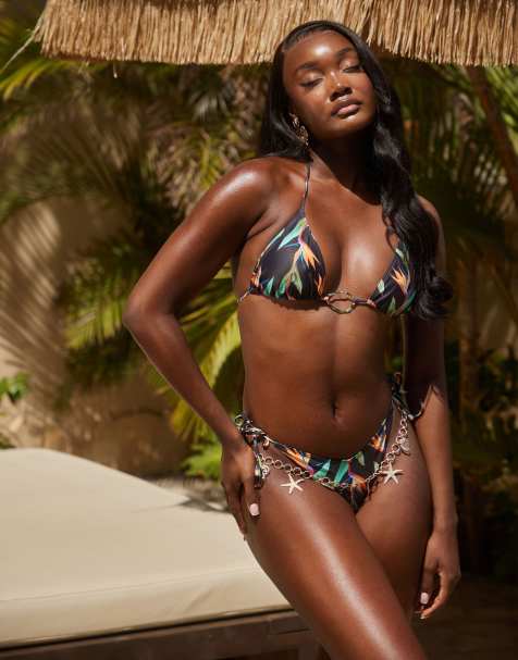 South Beach bird of paradise triangle bikini top with gold hardware in multi - view 1