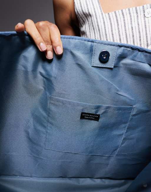 South Beach - Blå stor tote-taske i lærred med denimlook og kontrastfarvede remme , 4 af 4