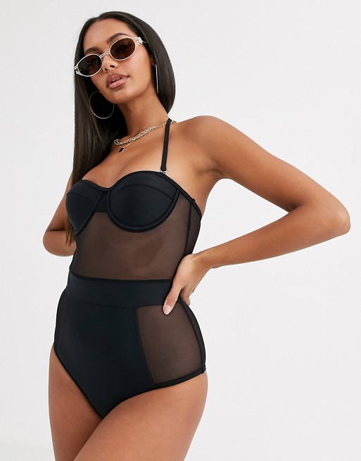 South Beach black balconette swimsuit with mesh insert and removable straps