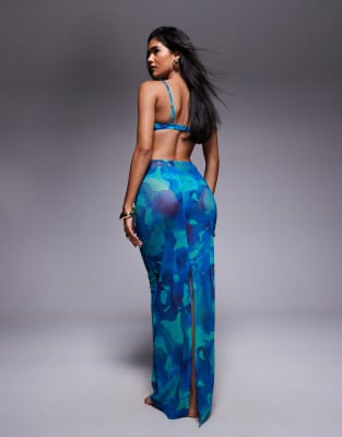South Beach Blur Print Mesh Maxi Beach Skirt In Blue