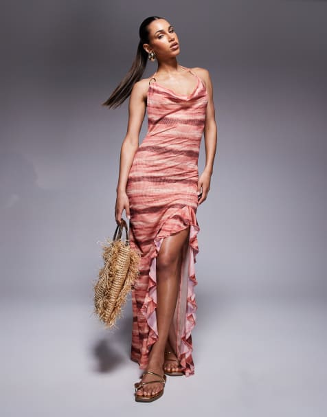 South Beach blur print mesh maxi dress in dusty pink - view 1