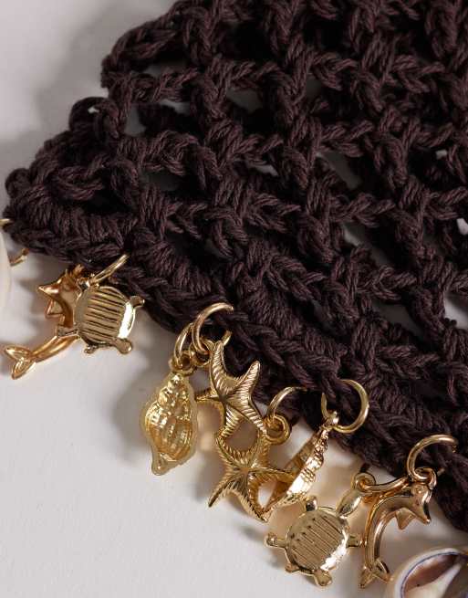 South Beach - Bonnet de festival en maille au crochet ornée de coquillages - Marron chocolat , 2 de 3