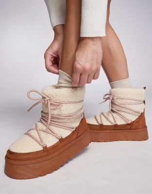 Borg Lace Up Platform Mini Boot in Chestnut-Brown