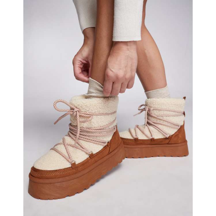 South Beach Borg Lace Up Platform Mini Boot in Chestnut ASOS