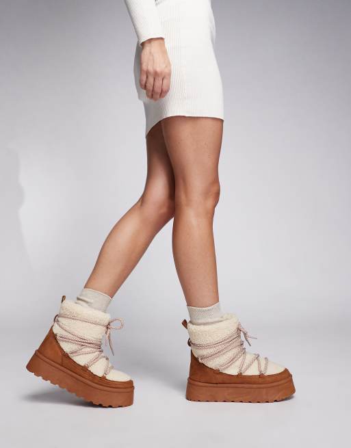 South Beach Borg Lace Up Platform Mini Boot in Chestnut