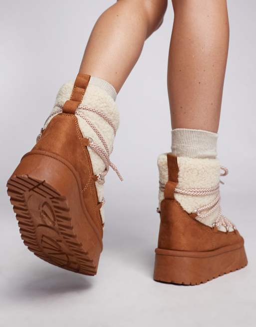South Beach borg lace up platform mini boots in chestnut, 4 of 4