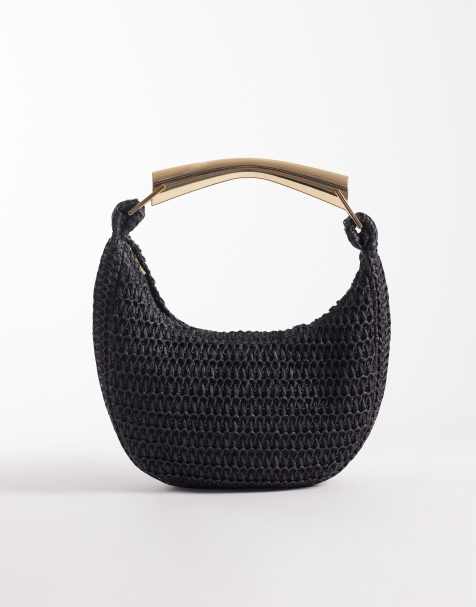 South Beach - Borsa a mano in paglia nera con manico dorato - view 1