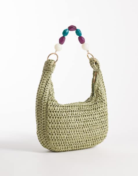 South Beach - Borsa a mano in paglia verde con manico in resina con perline - view 1