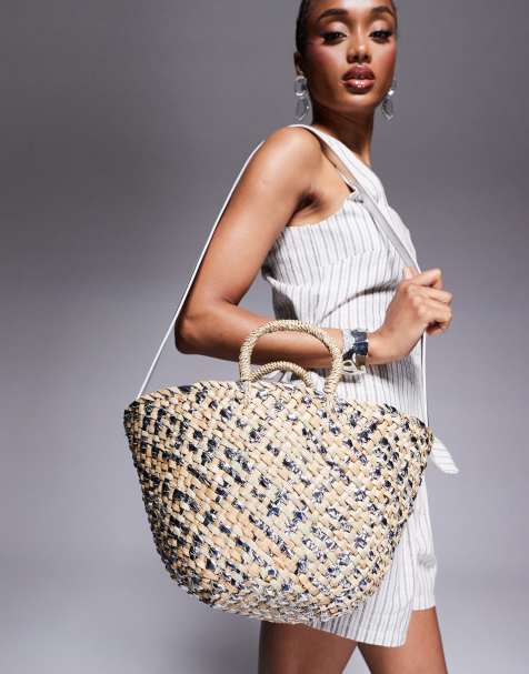 South Beach - Borsa a secchiello in paglia argento metallizzato con tracolla - view 1