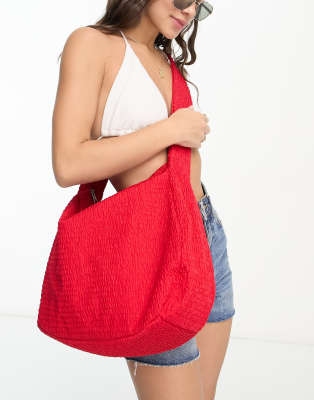 South Beach - Borsa a tracolla da spiaggia effetto stropicciato color rosso acceso 