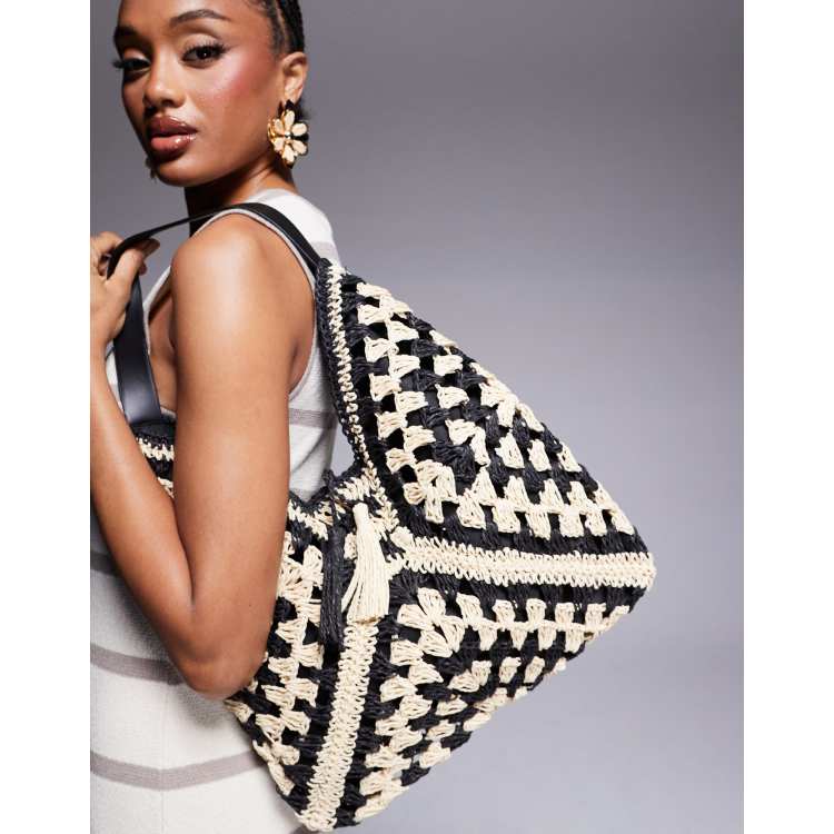 SUOSDEY Borsa Da Spiaggia In Maglia Uncinetto - Stile Bohémien, Nero, Leggera, 40x60 Cm