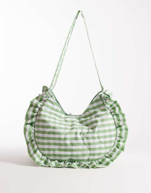 South Beach - Borsa da spalla verde salvia a quadretti con volant , 3 di 4