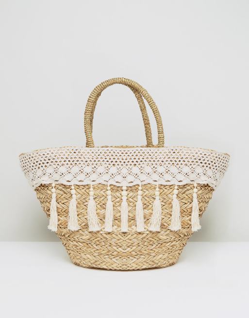 South Beach - Borsa di paglia lavorata all'uncinetto con nappe color crema