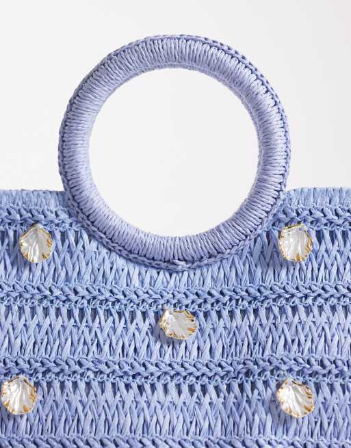 South Beach - Borsa in paglia blu con manico superiore e conchiglie di perle, 3 di 4