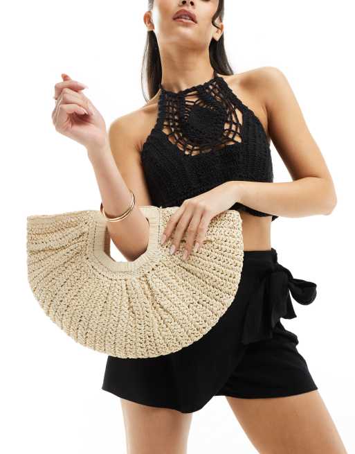South Beach - Borsa pochette a mezza luna all'uncinetto color crema
