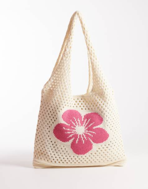 South Beach - Borsa shopping all'uncinetto color crema con stampa di fiori di loto - view 1
