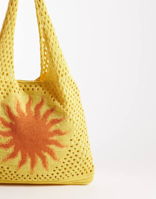 South Beach - Borsa shopping all'uncinetto gialla con stampa di sole, 3 di 4