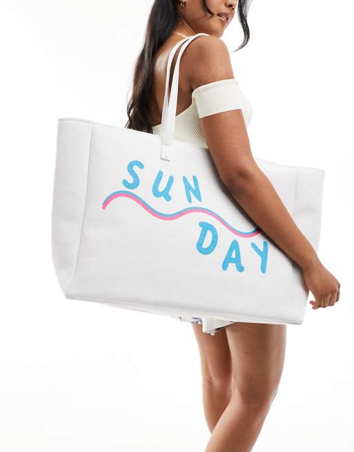 South Beach - Borsa shopping bianco sporco in tela con stampa 