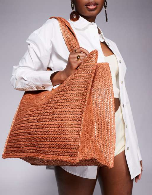 South Beach - Borsa shopping da mare da spalla in paglia color bronzo metallizzato