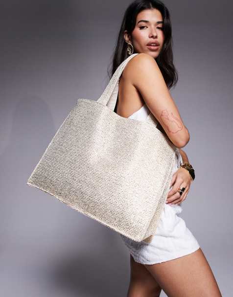 South Beach - Borsa shopping da mare da spalla in paglia color oro pallido metallizzato - view 1