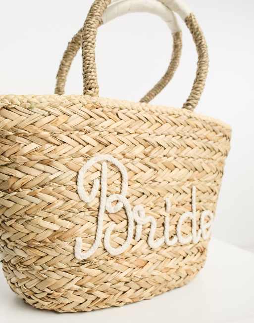 South Beach - Borsa shopping da spalla da sposa in paglia beige con ricamo "Bride", 3 di 4