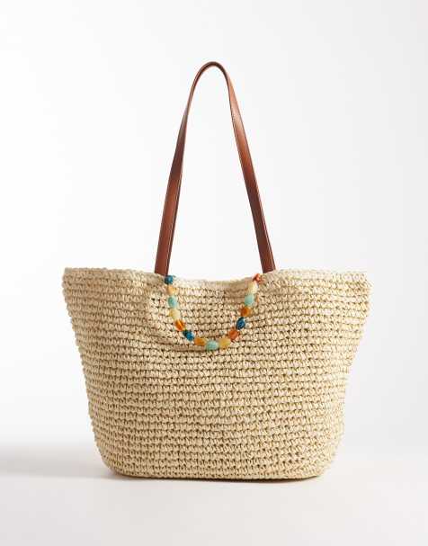 South Beach - Borsa shopping da spalla in paglia beige con manico con perline - view 1
