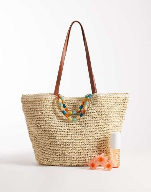 South Beach - Borsa shopping da spalla in paglia beige con manico con perline , 2 di 4