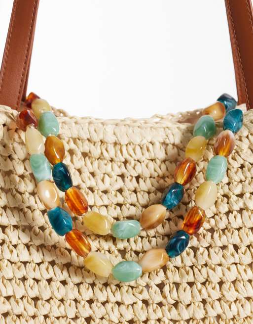 South Beach - Borsa shopping da spalla in paglia beige con manico con perline , 3 di 4