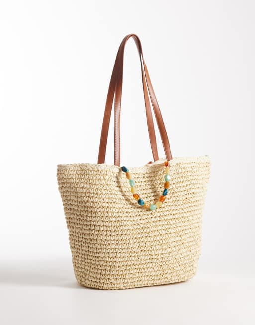 South Beach - Borsa shopping da spalla in paglia beige con manico con perline , 4 di 4