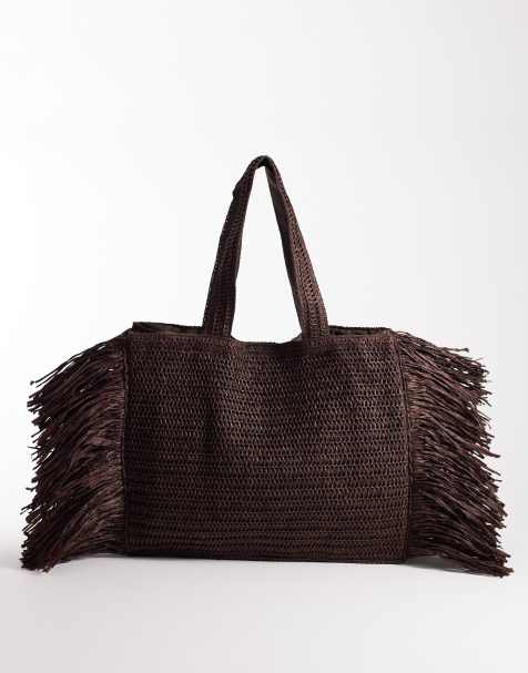 South Beach - Borsa shopping da spalla in paglia marrone cioccolato con frange - view 1