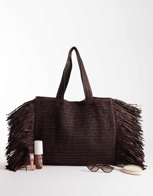 South Beach - Borsa shopping da spalla in paglia marrone cioccolato con frange , 2 di 4