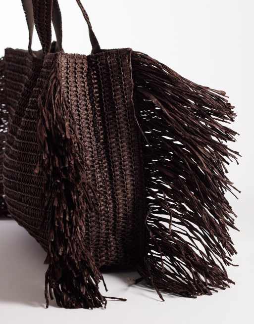 South Beach - Borsa shopping da spalla in paglia marrone cioccolato con frange , 3 di 4